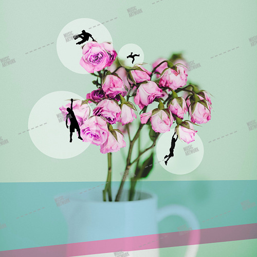 Music album artwork with man hanging on flowers