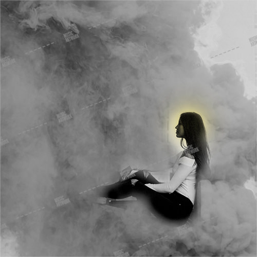 Music album artwork with a girl in a cloud