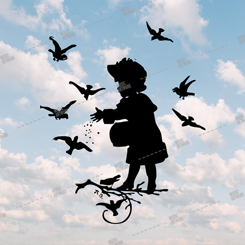 Music album artwork with a little girl on the clouds