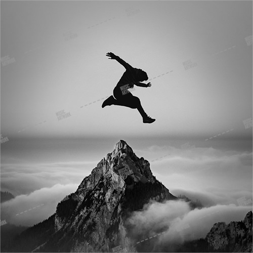 Music album cover showing a man jumping over a mountain