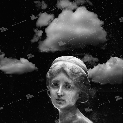 music album artwork with a head of a girl and clouds