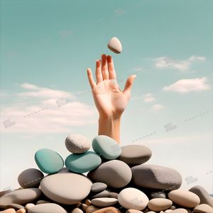 a-hand-reaching-into-the-air-with-a-handful-of-rocks-above-it--in-the-style-of-calming-color-palettes--oversized-objects--serene-faces--piles-stacks--gentle-lyricism--photo-montage--light-gray-and-tea