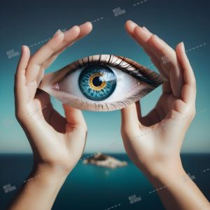 hands holding an eye, surreal image